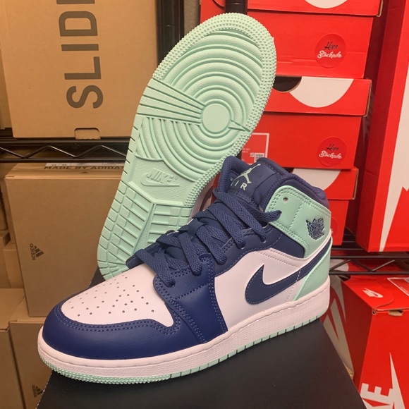 Nike Air Jordan 1 Mid Mystic Navy Blue Mint Foam Shoes 554724-413 554725-413 - Picture 9 of 10